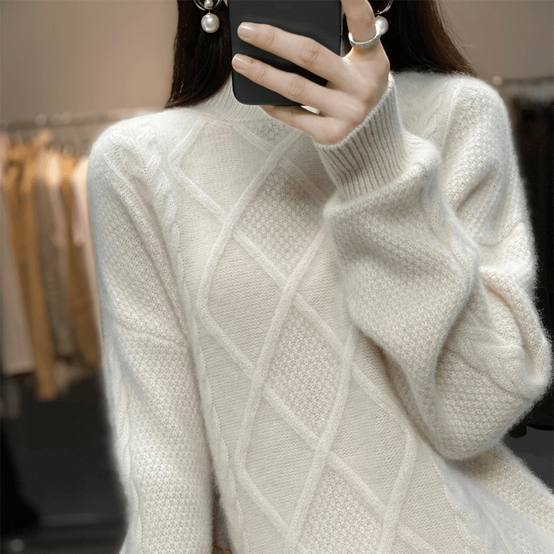 菱形提花半高领100纯羊绒衫~女23秋冬新款休闲长袖套头针织打底衫