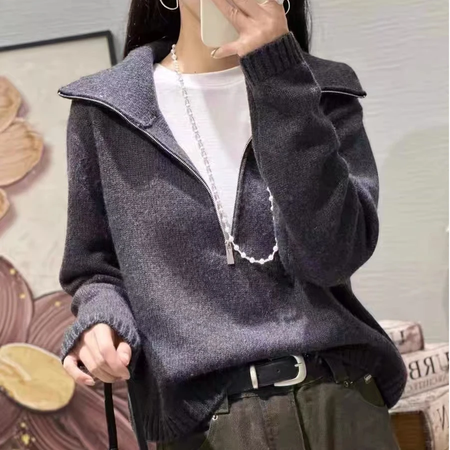 秋冬季新款时尚半拉链大翻领短款长袖套头纯羊毛衫女针织休闲上衣