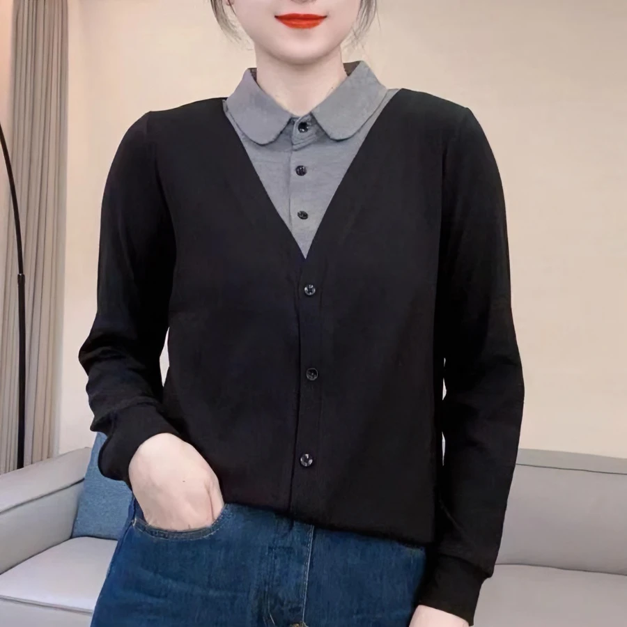 2024秋季新款假两件套头方领简约时尚休闲洋气个性长袖百搭T恤