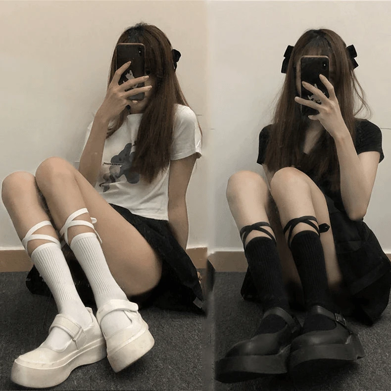中筒长袜小腿袜洛丽塔网红绑带学生女袜子日系手工绑绳袜子女夏季