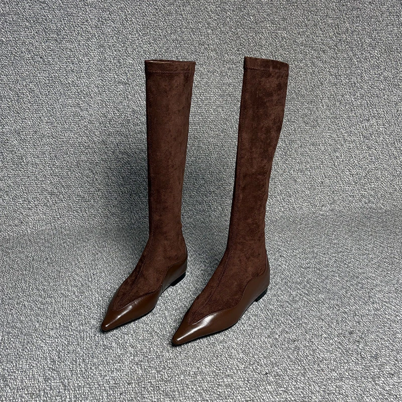 露涵思高筒靴女秋冬内增高坡跟瘦瘦靴弹力尖头袜靴小腿围包腿长靴