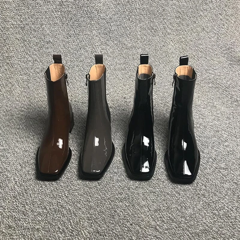露涵思小众设计方头切尔西靴女新款真皮粗跟短靴女春秋薄款单靴