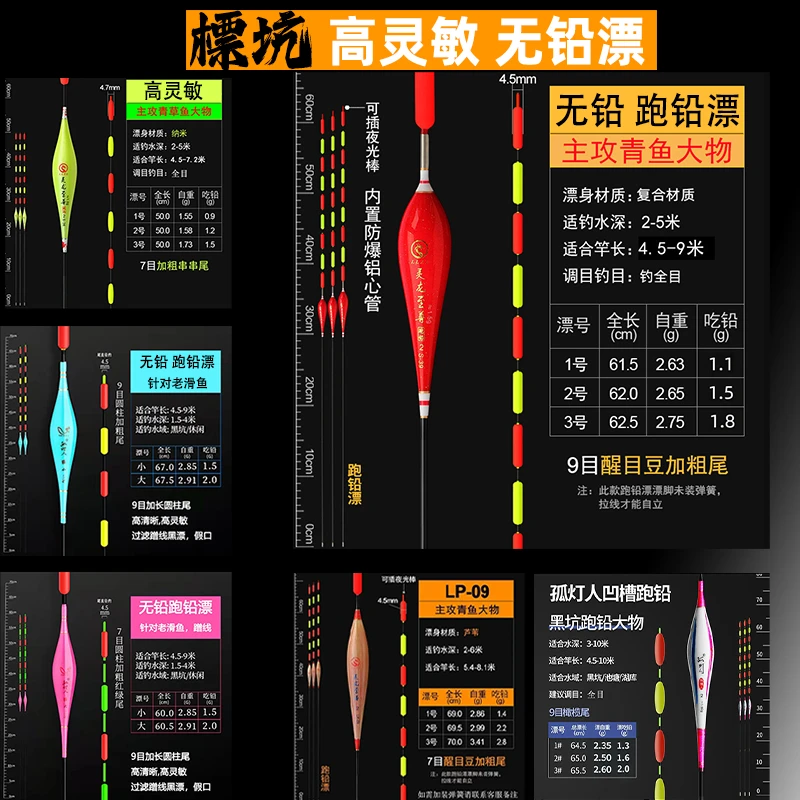 【无铅跑铅漂】黑坑爆款高清晰青鱼草鱼大物跑铅漂圆柱自立漂无铅漂