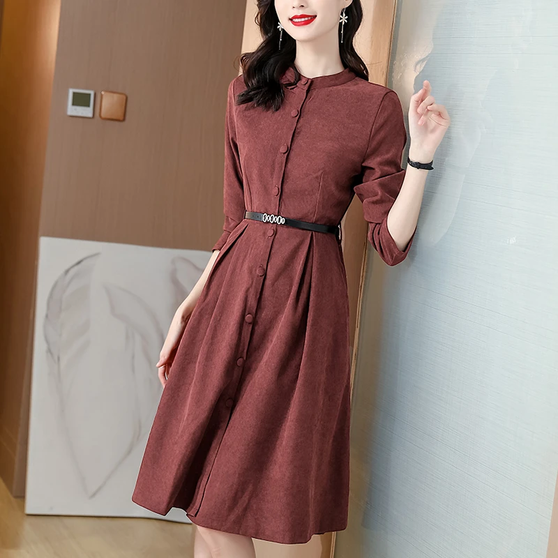 复古砖红长袖连衣裙荷叶边小立领收腰显瘦中长款秋冬季衬衫裙子