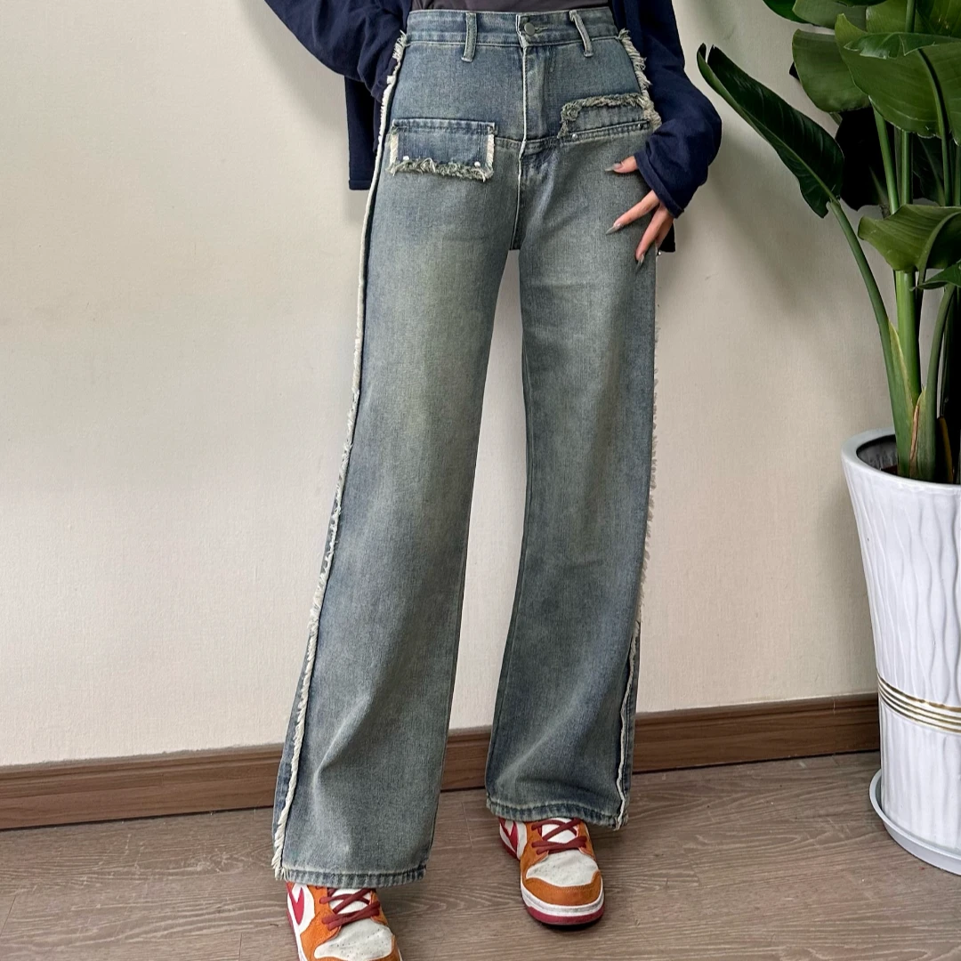 春季新款百搭大码收腰阔腿牛仔裤直筒拖地裤高腰显瘦设计感毛边