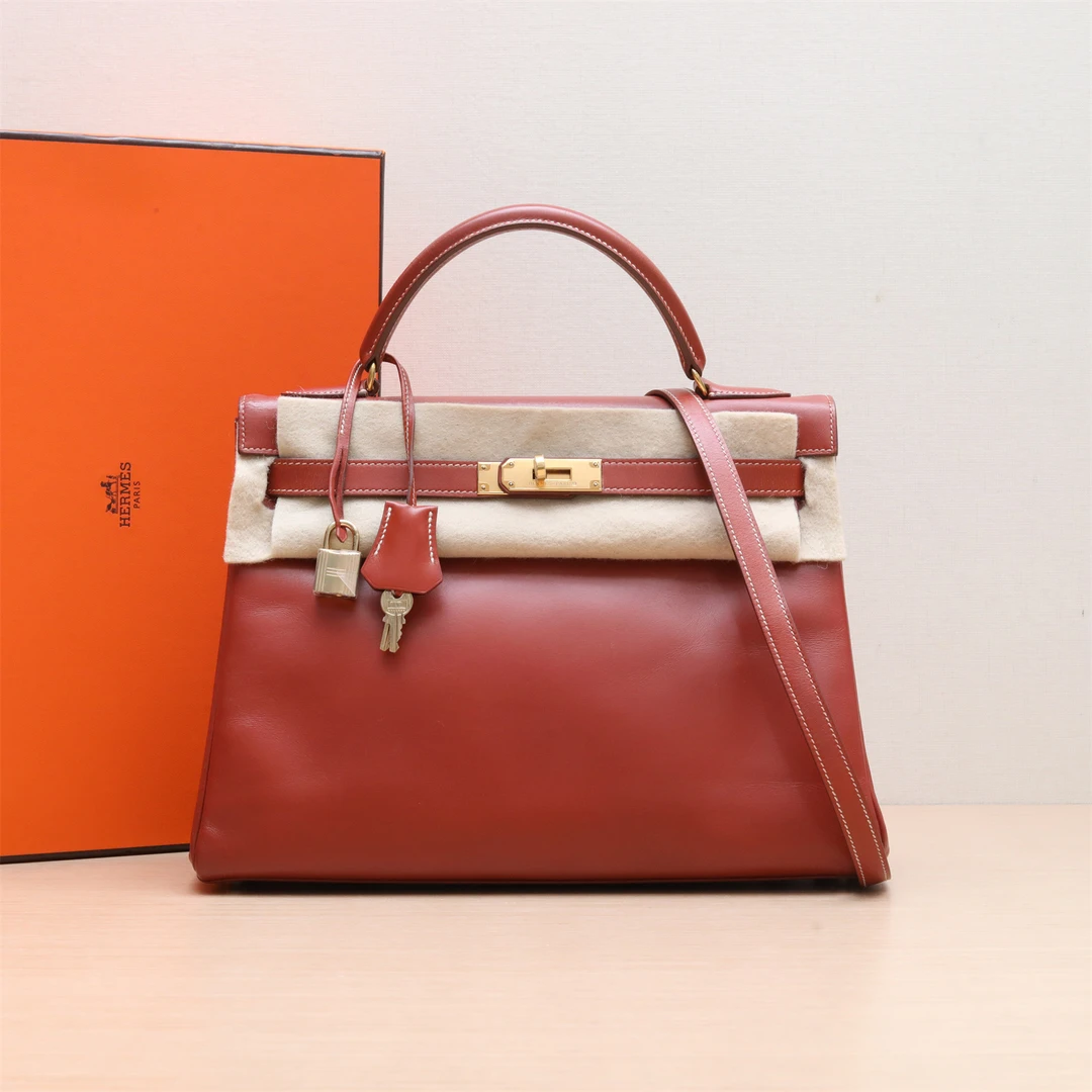 95新 Hermes/爱马仕 小花Jerry 966311 手提包 32砖红色Box皮 圈W