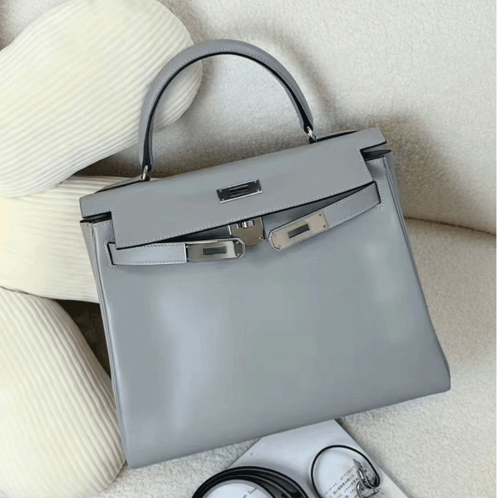 99新 Hermes/爱马仕 小花Jerry  手提包 28 珍珠灰 Box皮 框D刻