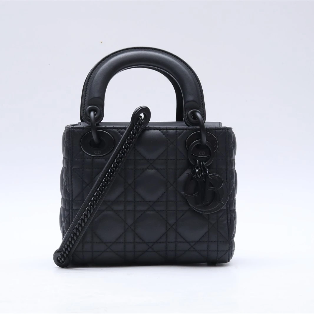 99新 DIOR/迪奥 小花璐璐P234037611 戴妃包 三格 黑色 磨砂扣
