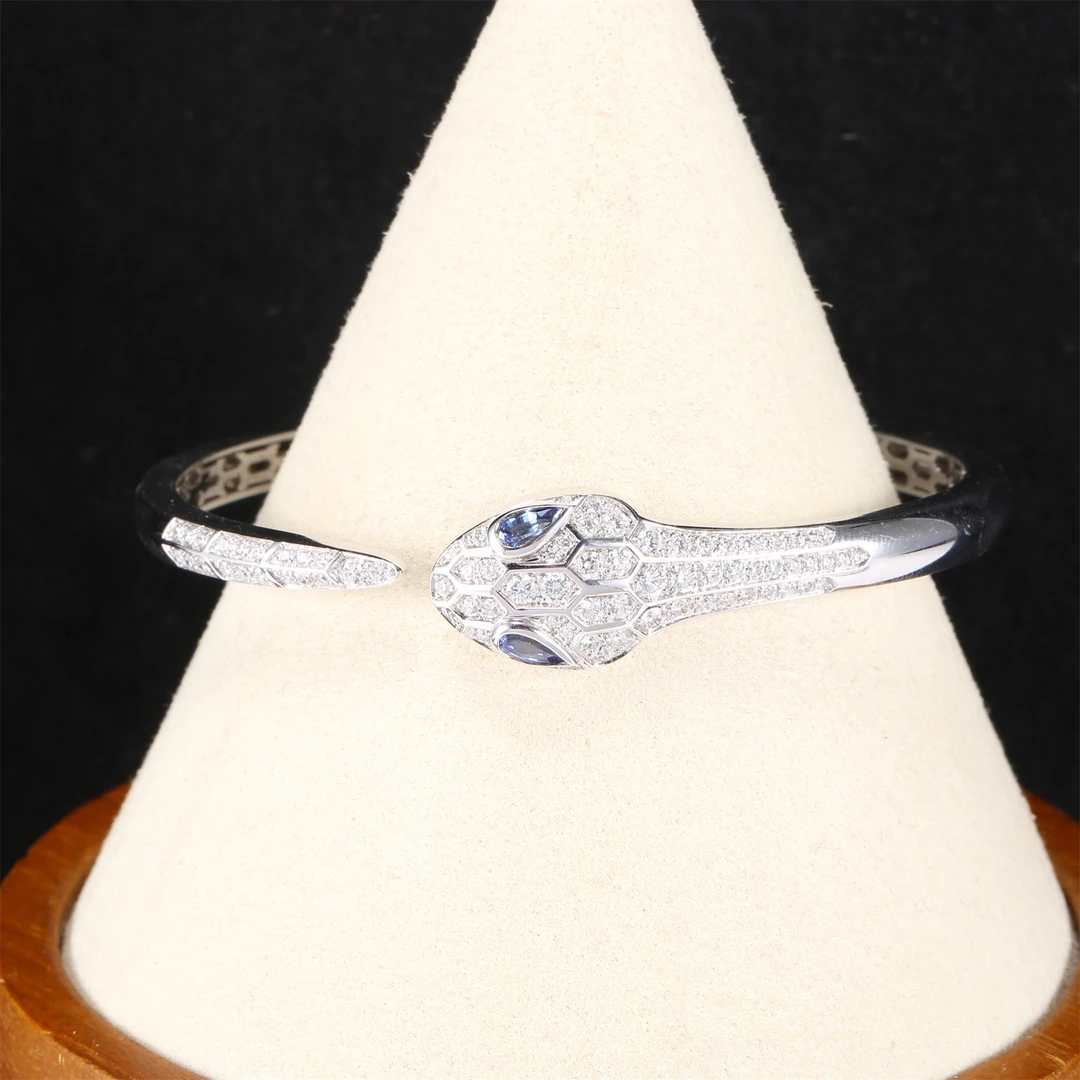 99新 BVLGARI/宝格丽 小花柳P234449062白金 满钻蓝宝石 蛇头手镯