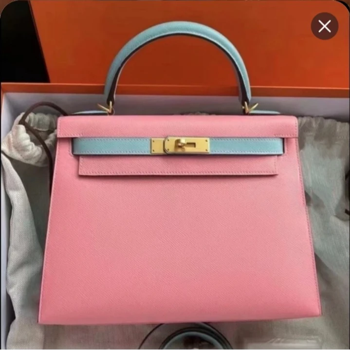 99新 Hermes/爱马仕 外 小花柳 kelly28 奶昔粉拼马卡龙 A刻 包