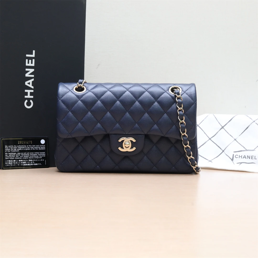99新 Chanel/香奈儿 小花璐璐069778 CF 小号 墨蓝色 荔枝 29开