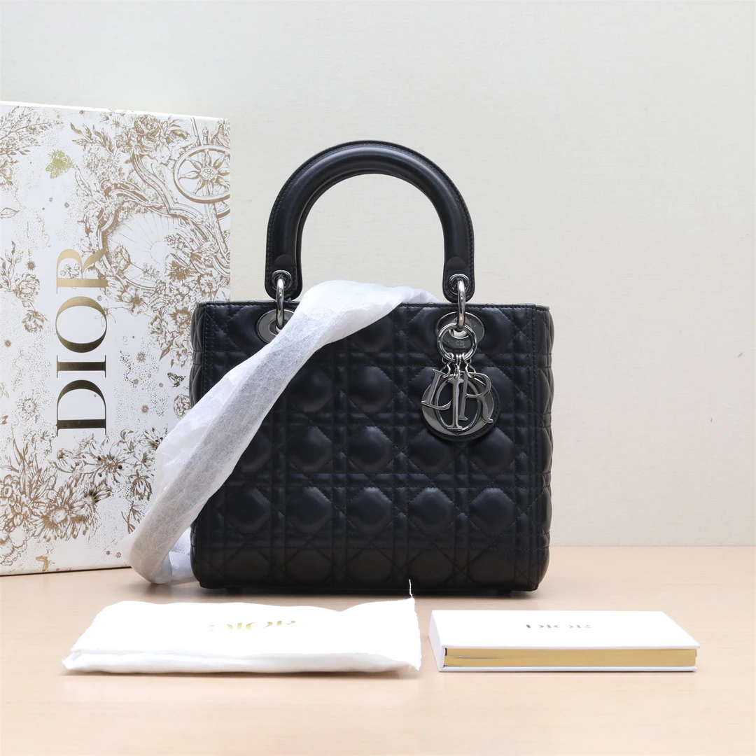 99新 DIOR/迪奥 小花柳 Lady Dior 戴妃包 五格 黑色