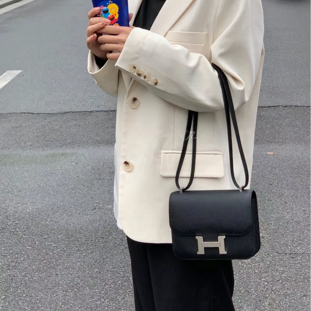 99新 Hermes/爱马仕 小花Jerry 康康 19 黑色内拼海鸥灰 单肩包