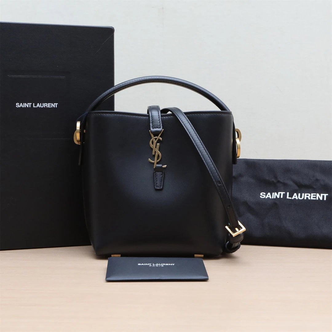99新 YSL/圣罗兰 -140-188小花柳 手提单肩水桶包 黑色
