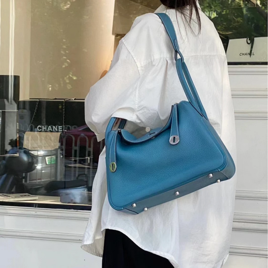 95新 Hermes/爱马仕 尾 全25499 小花Jerry Lindy30牛仔蓝 框R 包