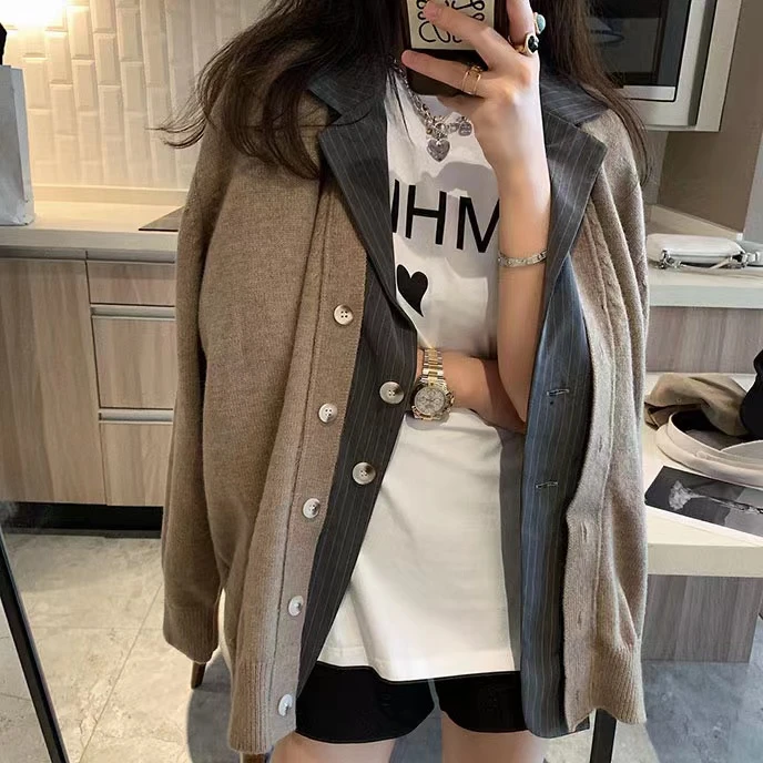 卡其色假两件长袖针织衫女秋冬季韩版休闲宽松慵懒风开衫毛衣外套