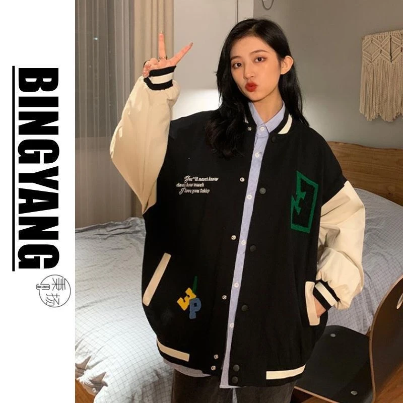 秋季新款拼接学院风情侣外套冬季棒球服潮牌复古慵懒风棒球服夹克