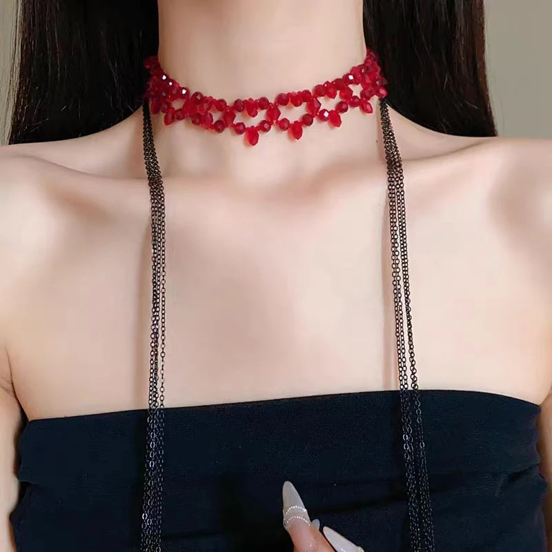 铜合金仿水晶项链 水滴复古古风配饰颈链长款流苏项链气质毛衣链