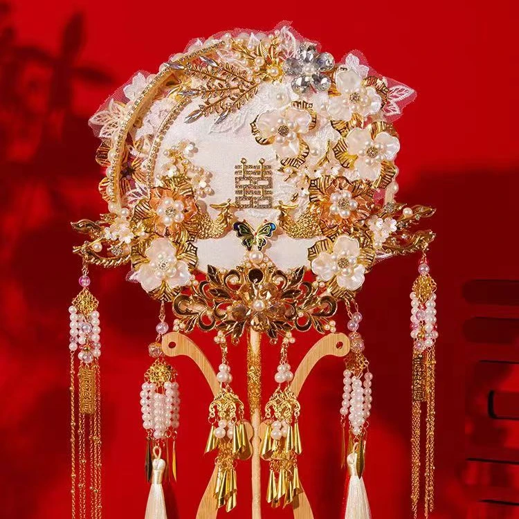 铜合金仿珍珠婚庆饰品 Z8030双面双色团扇新娘结婚高级感中式婚礼