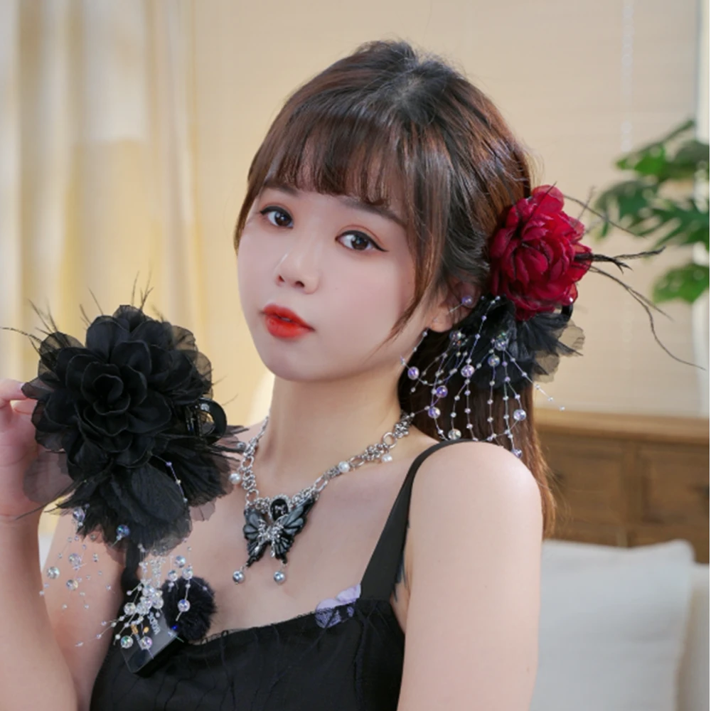 （莫奈印象）夏日定制玫瑰韩式流苏抓夹半扎发小香风鲨鱼夹百搭发夹