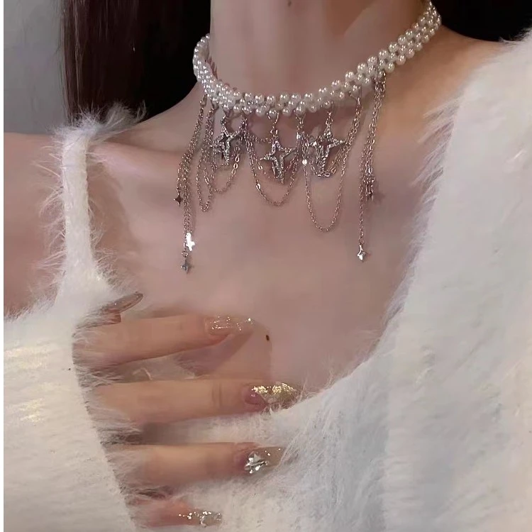 铜合金项链 （遥五）B31580星星水滴流苏珠珠项链气质锁骨链双层链