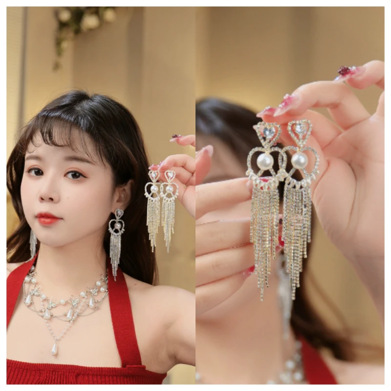 铜合金仿珍珠耳饰 （终离）A32720镶钻爱心珠珠流苏耳饰法式耳环女
