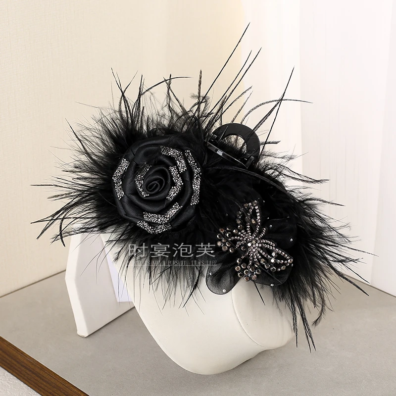 送舟行黑色羽毛花朵抓夹大号小香风蝴蝶鲨鱼夹百搭气质显发量发饰