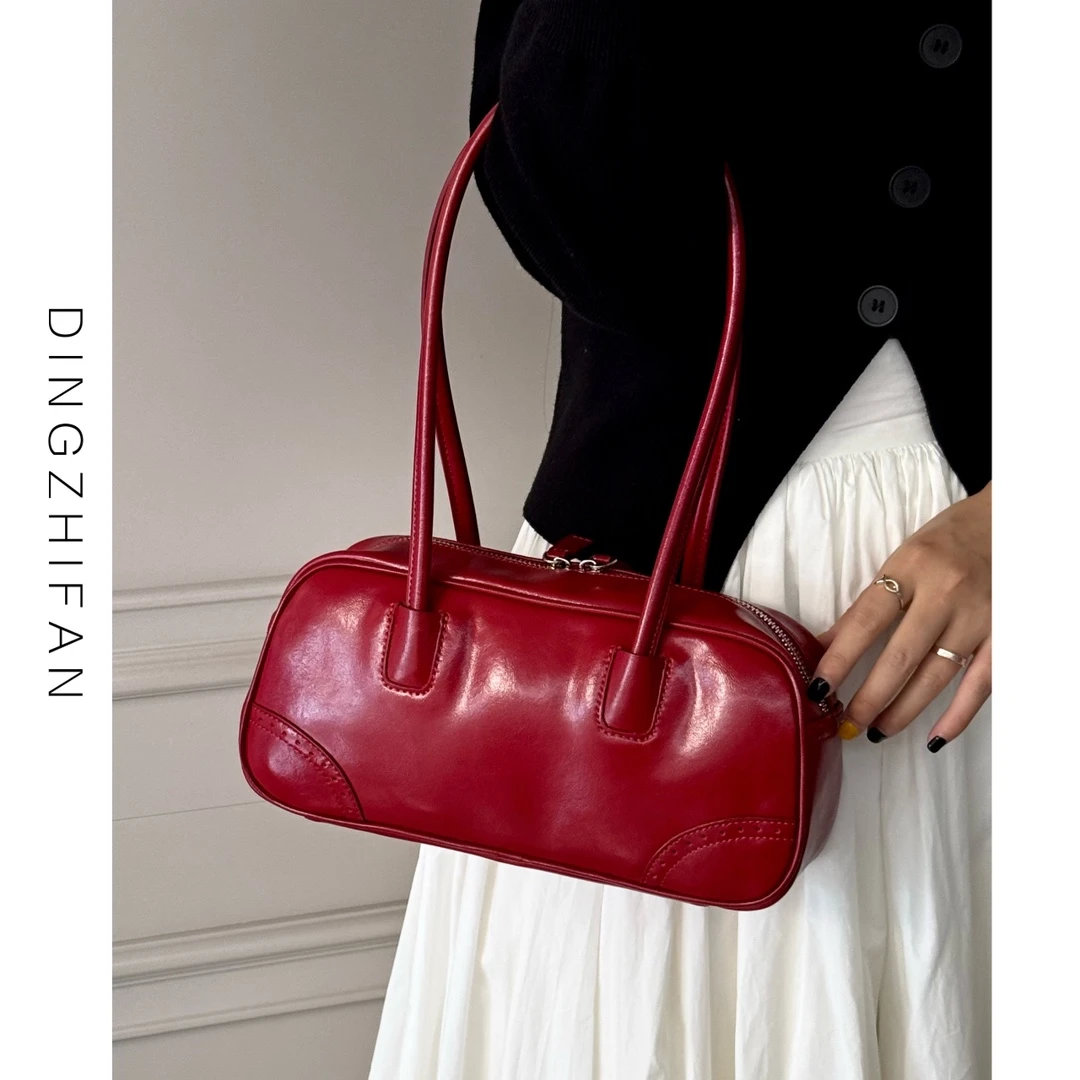 定制范 高级感红色真皮腋下包女波士顿枕头包结婚新娘手提单肩包