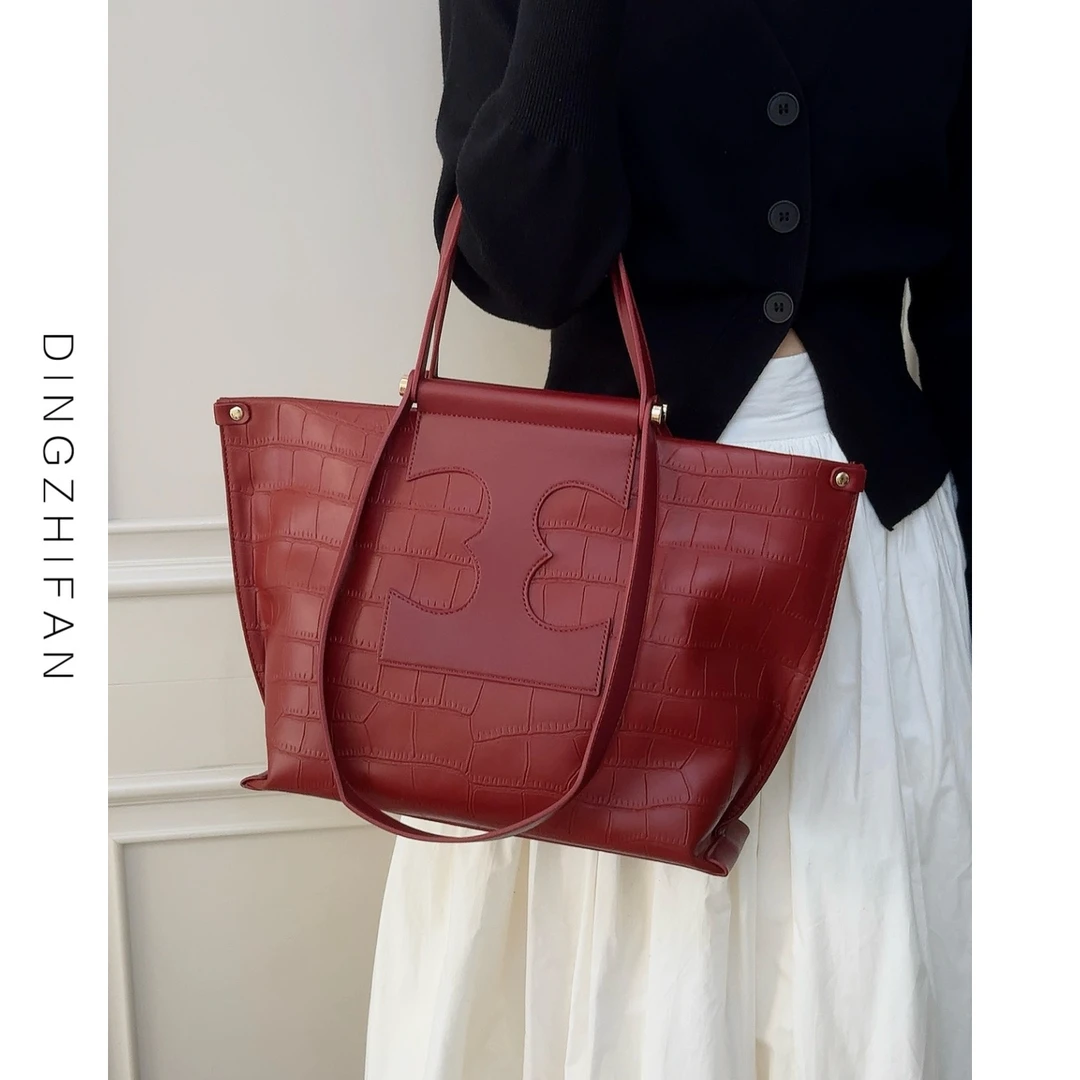 定制范 大容量红色结婚托特包鳄鱼纹真皮包包手提包通勤单肩包女