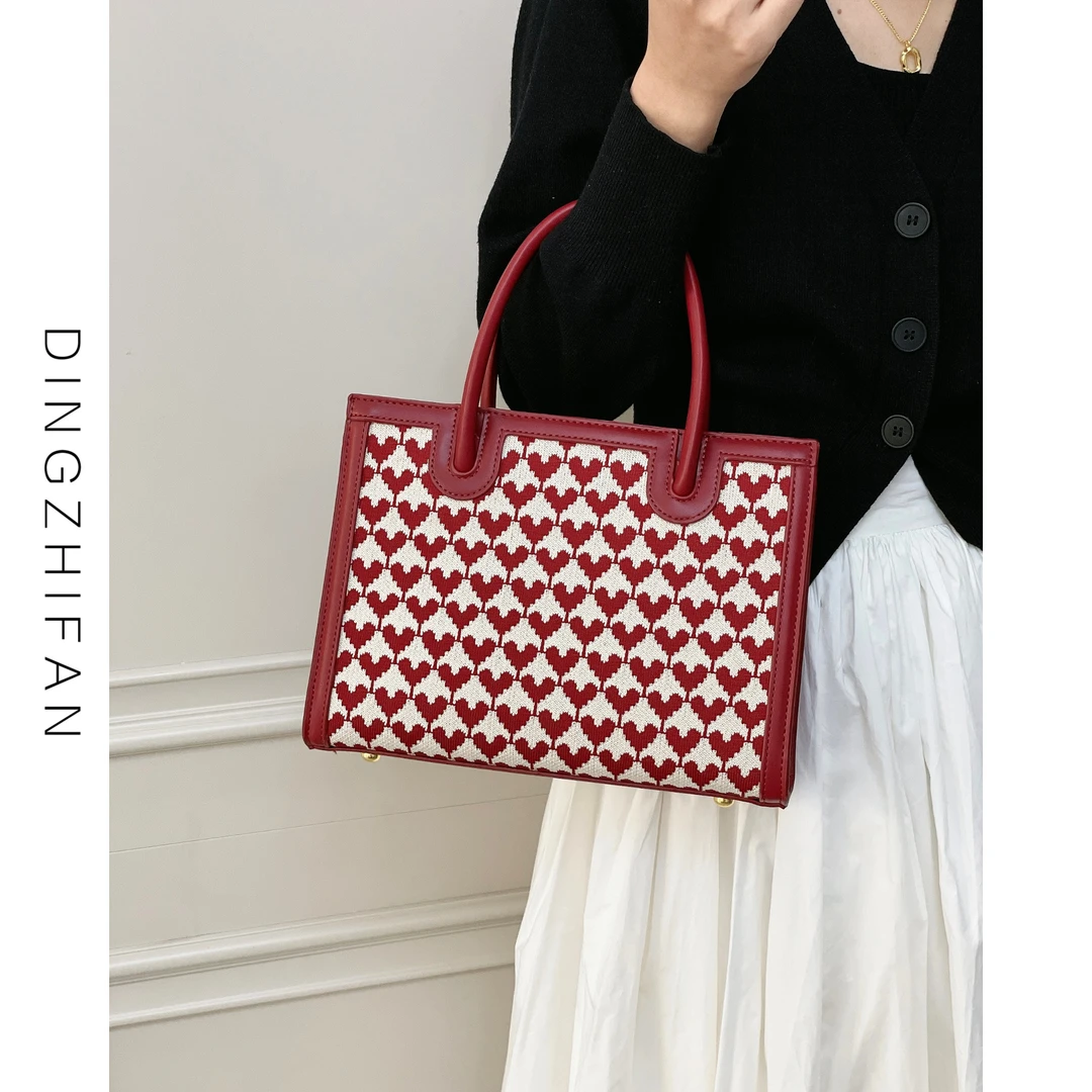 DINGZHIFAN定制范/高级感大容量托特包爱心红色手提包女结婚礼物