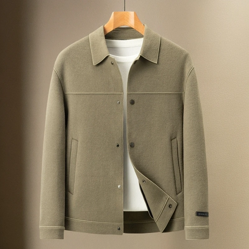 秋冬新款男羊毛双面夹克翻领纯色短款休闲呢外套百搭春秋商务男装