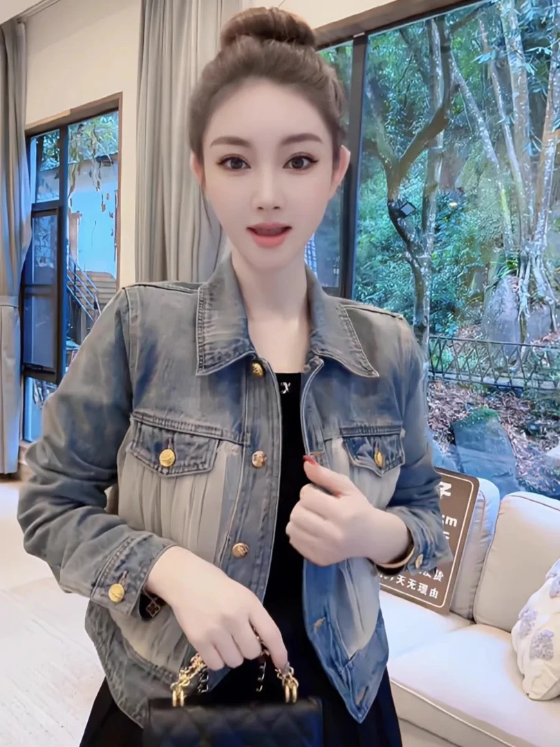 春秋新款韩版网纱拼接牛仔外套女高级感单排金属扣长袖上衣潮女款