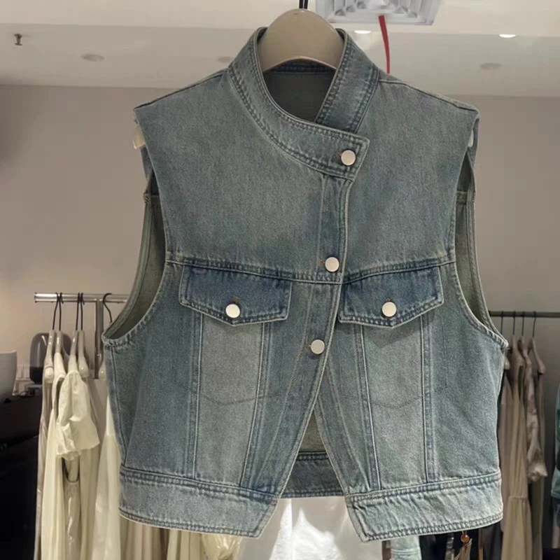 欧洲站2024夏季新款复古牛仔马甲女短款无袖坎肩立领斜扣马夹背心