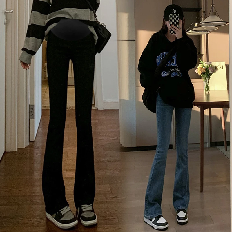 孕妇牛仔裤长裤秋冬季加绒外穿弹力修身显瘦微喇叭拖地裤子秋装