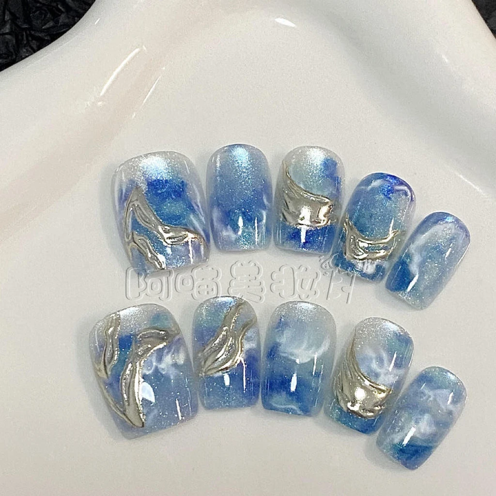 蓝色猫眼海底世界鎏金穿戴甲水墨意境高级感指甲贴片显白美甲短方