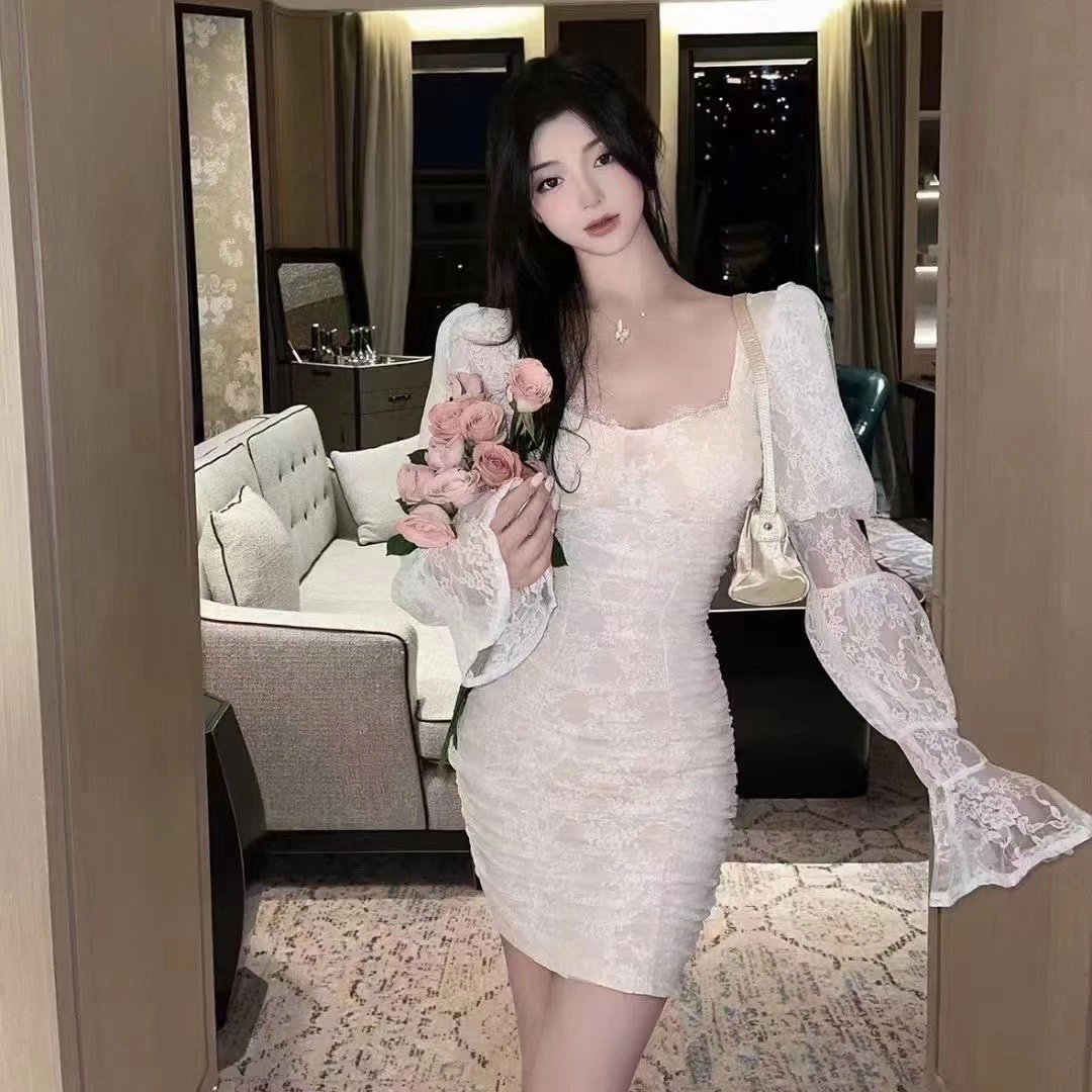 蕾丝包臀裙连衣裙礼服泡泡袖白冰包臀裙性感法式收腰修身名媛气质