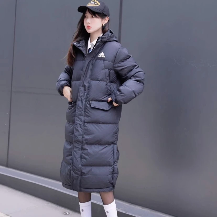 Adidas阿迪达斯长款长款羽绒服男女同款黑白色保暖连帽外套GK0664
