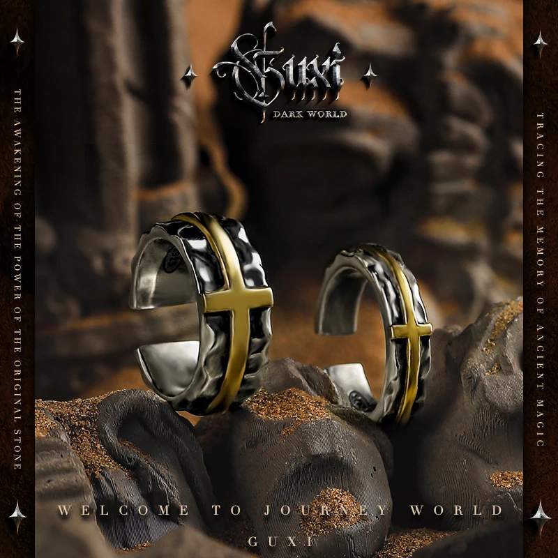 GUXI/古西 925银戒指 【弥望】暗黑复古做旧十字开口指环男小众个性