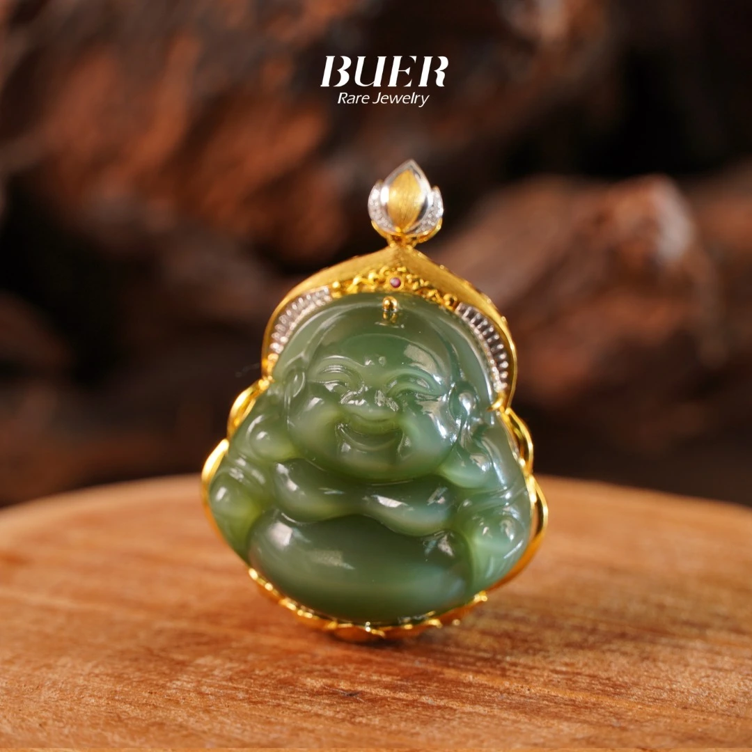 【不二】和田玉碧玉冰底佛公K金吊坠-不含链