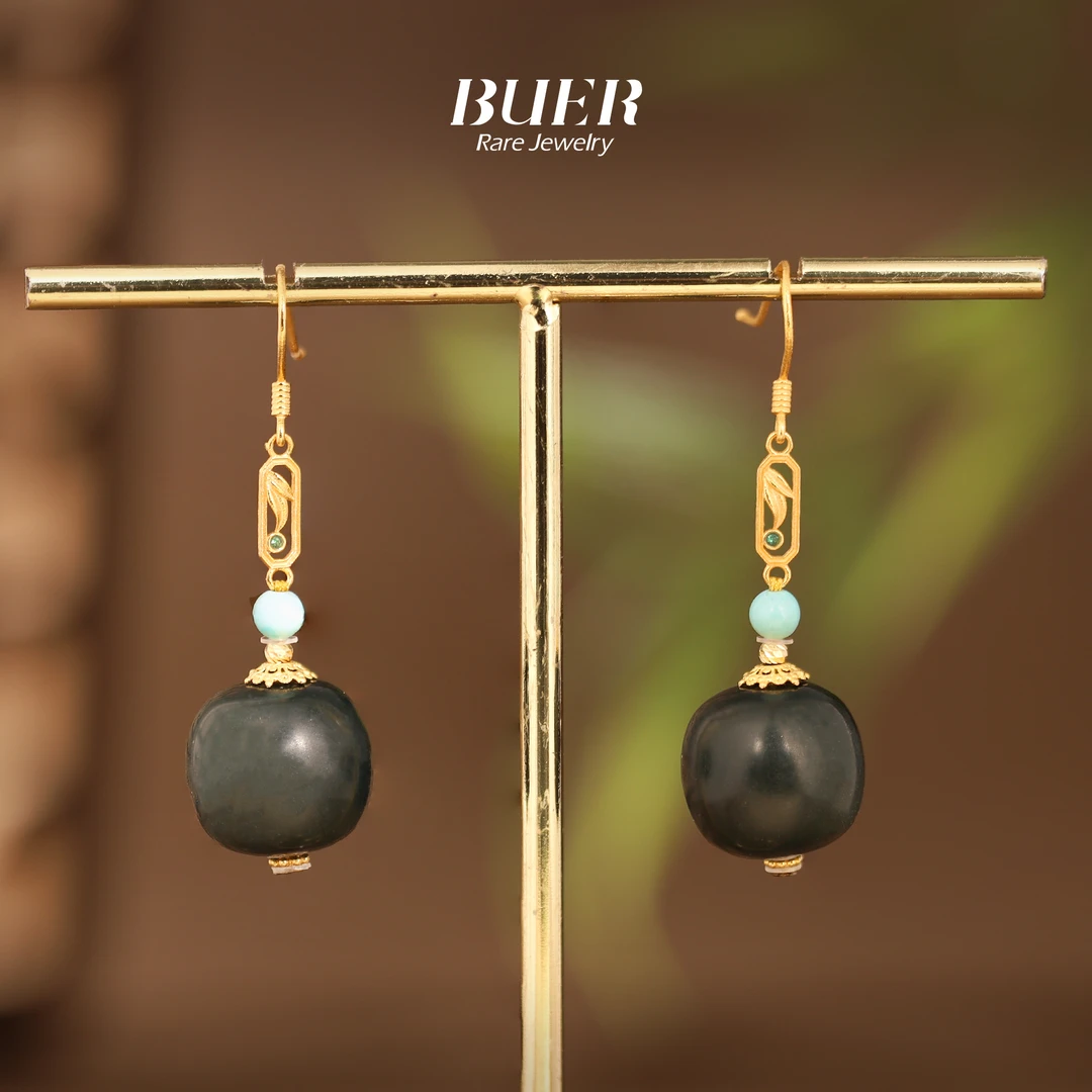 【不二】和田玉塔青18k金DIY耳钩12mm+