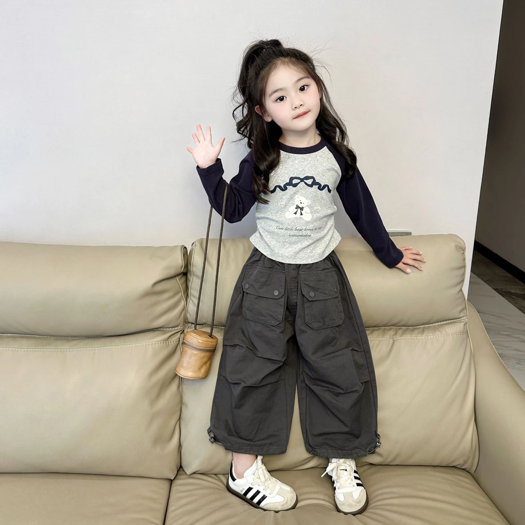 空空子.Studio【蝴蝶结小熊】2024秋季新款女童上衣韩版工装裤套装