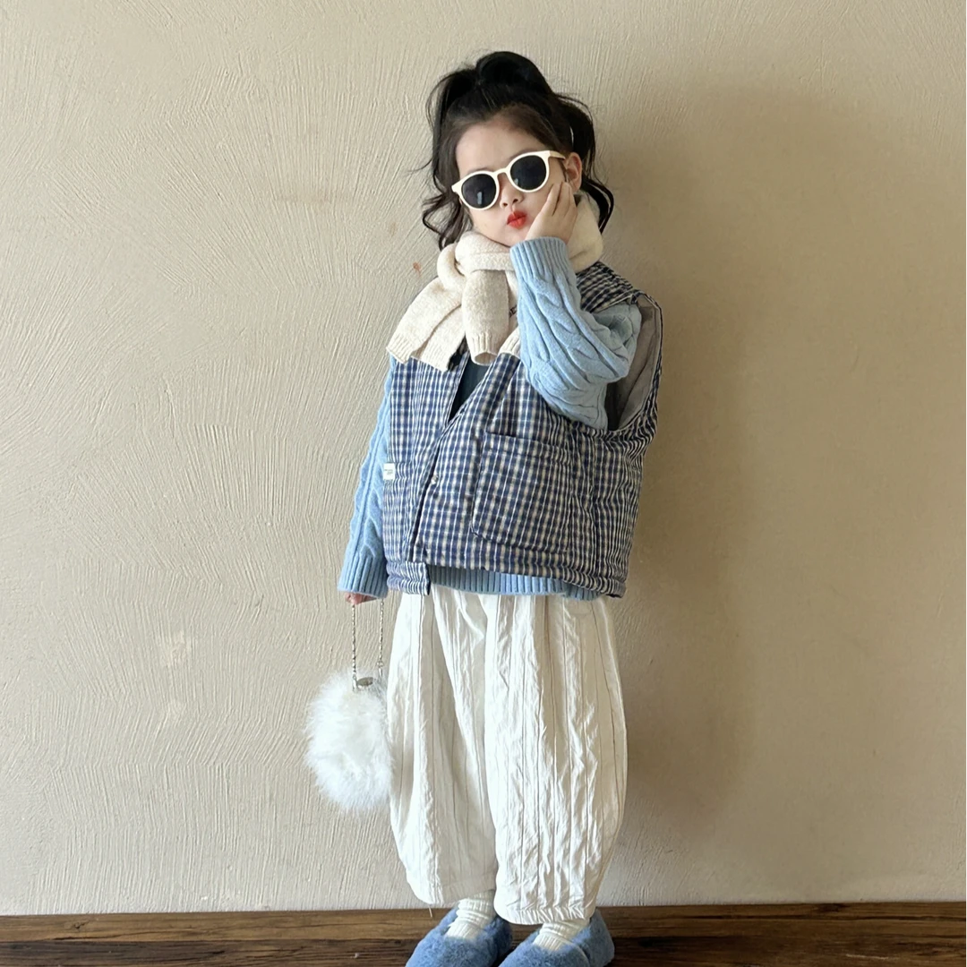 空空子.Studio【蓝格棉马甲】女童韩版2024秋冬宝加厚背心马甲套装