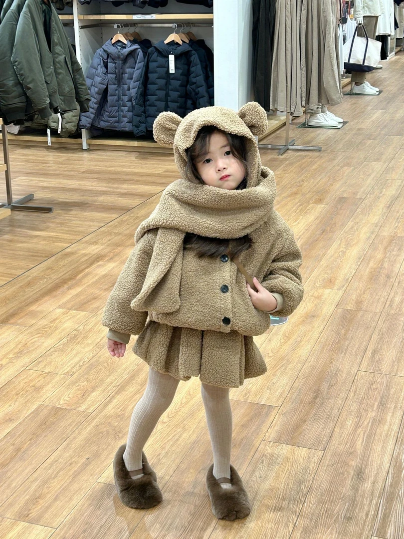 空空子.Studio【羔羔毛绒】2024冬季女童洋气连帽小熊冬装套装