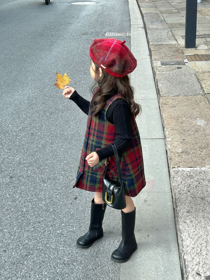 空空子.Studio【格子毛呢】2024冬季女童洋气背心裙毛衣宝宝套装