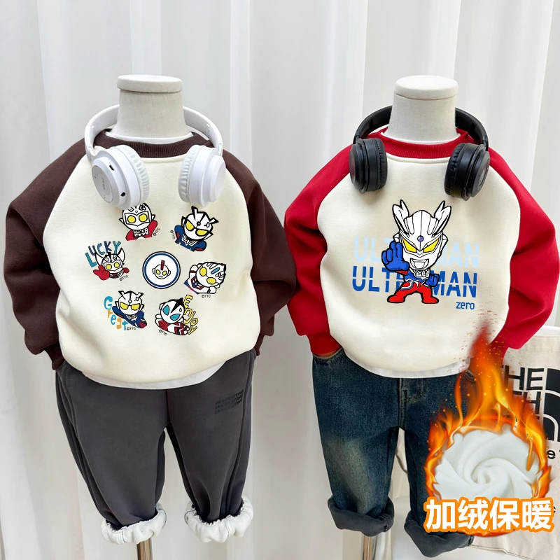 男童加绒卫衣一体绒秋冬季洋气个性酷帅气宝宝卡通儿童奥特曼衣服