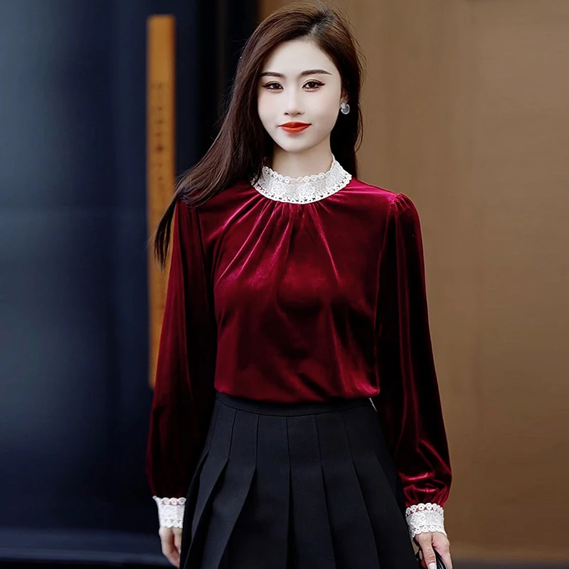 蕾丝花边领长袖T恤女宽松韩版漂亮打底衫2024秋冬新款洋气上衣服