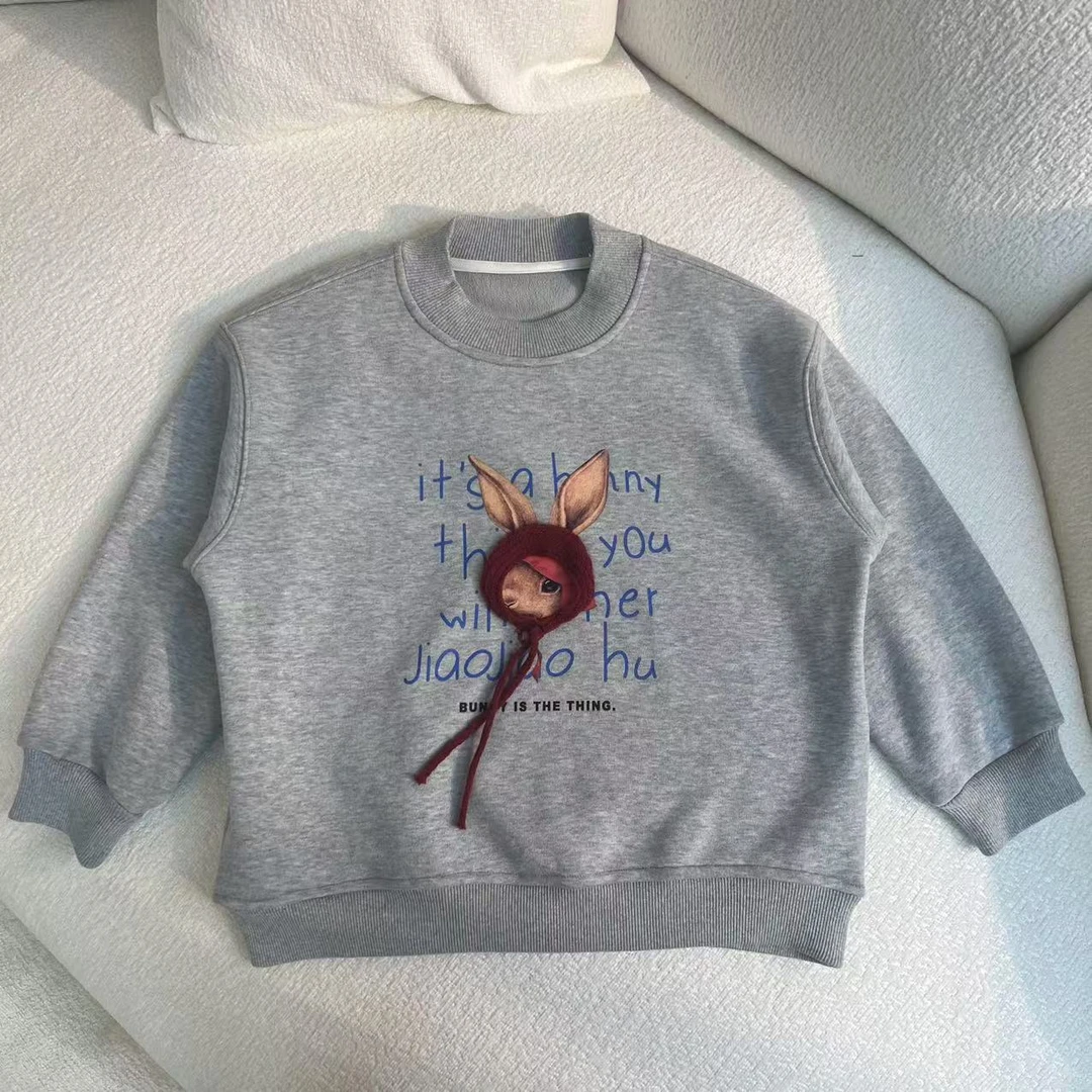 【丫丫童品】韩系毛线兔子卡通印花圆领加绒卫衣红帽兔子卫衣-F139