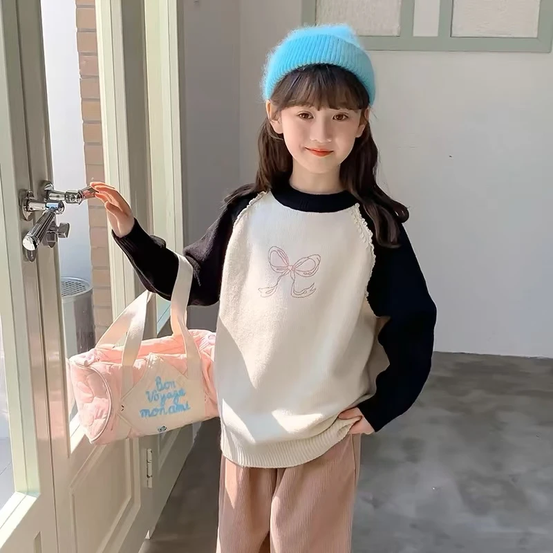 【丫丫童品】拼接花边蝴蝶结毛衣（F347）