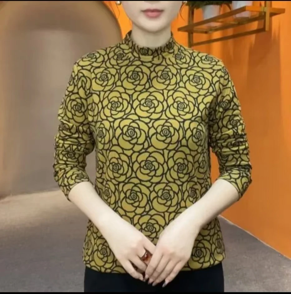 2025春秋新款时尚洋气百搭气质优雅半高领印花打底衫上衣#658