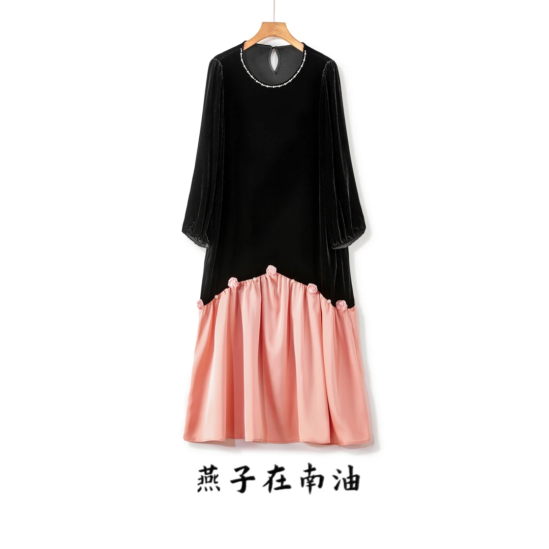 【燕子在南油】秋冬款设计师轻奢拼接真丝丝绒连衣裙2408